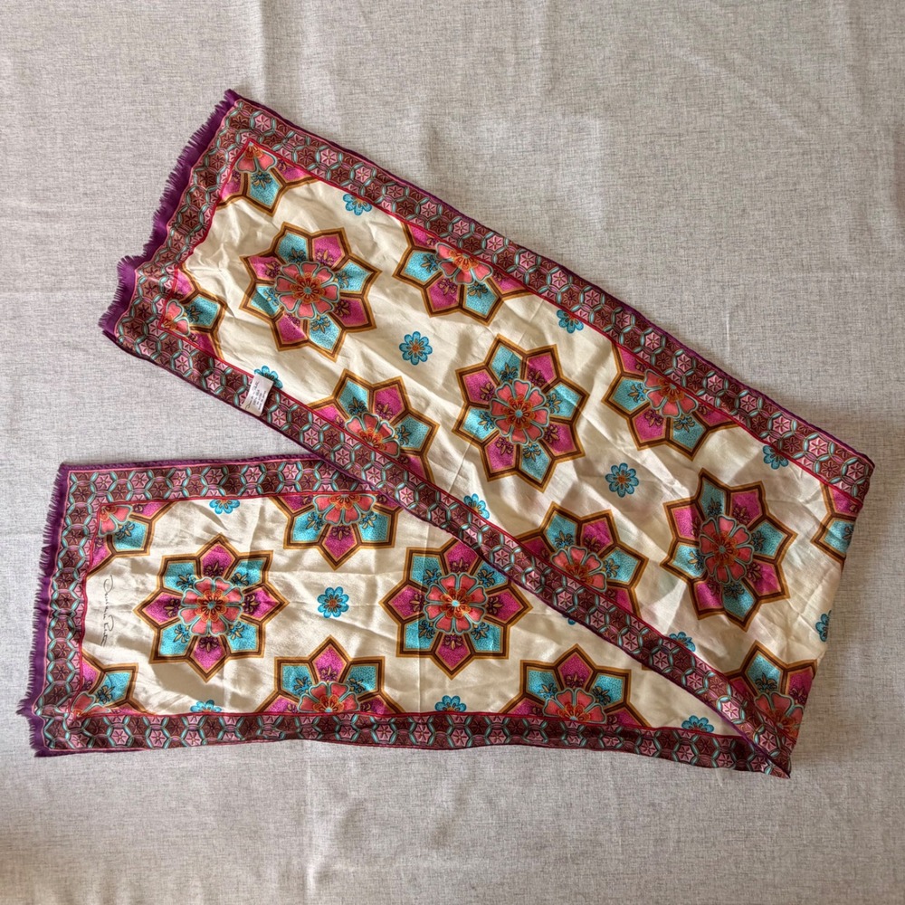 Oscar de la Renta Vintage Silk Scarf Floral Geometric Medallion Made in Japan